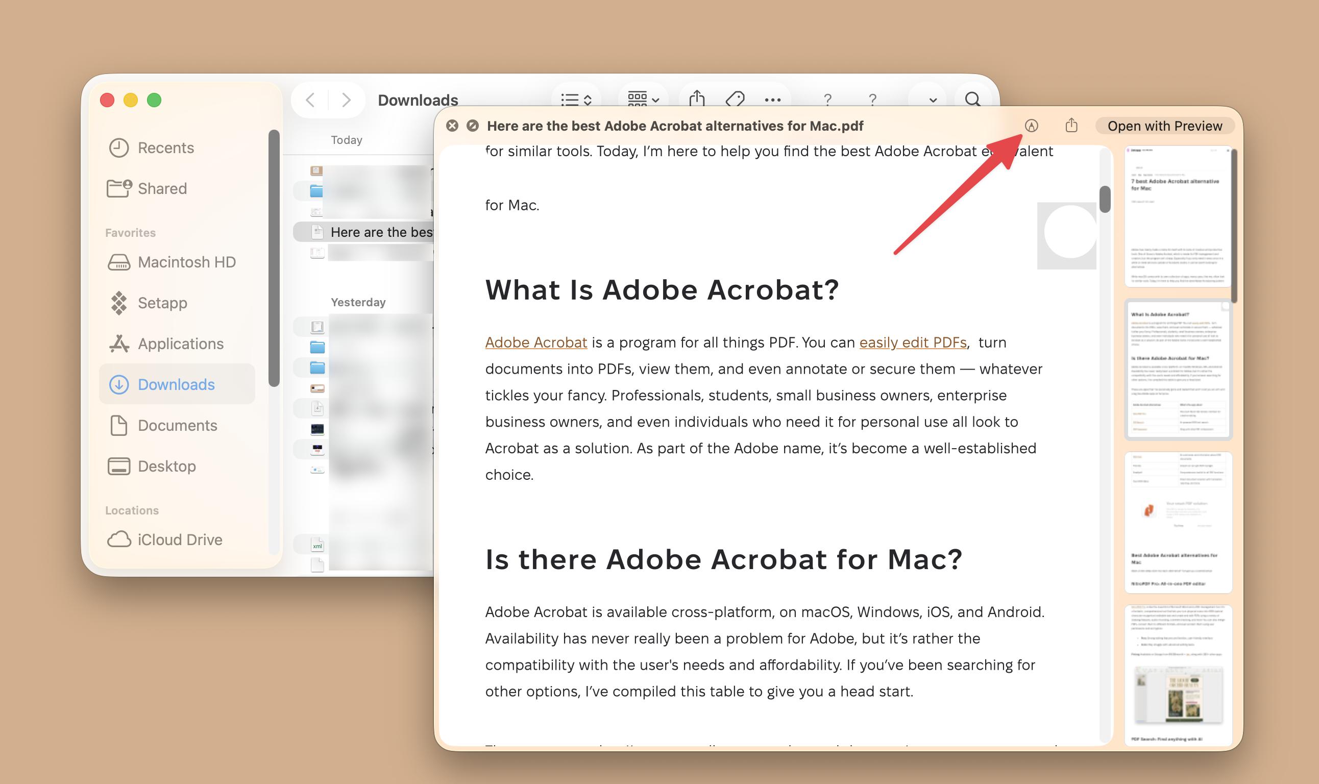 Edit in PDF using Quick Look feature on a MacBook.