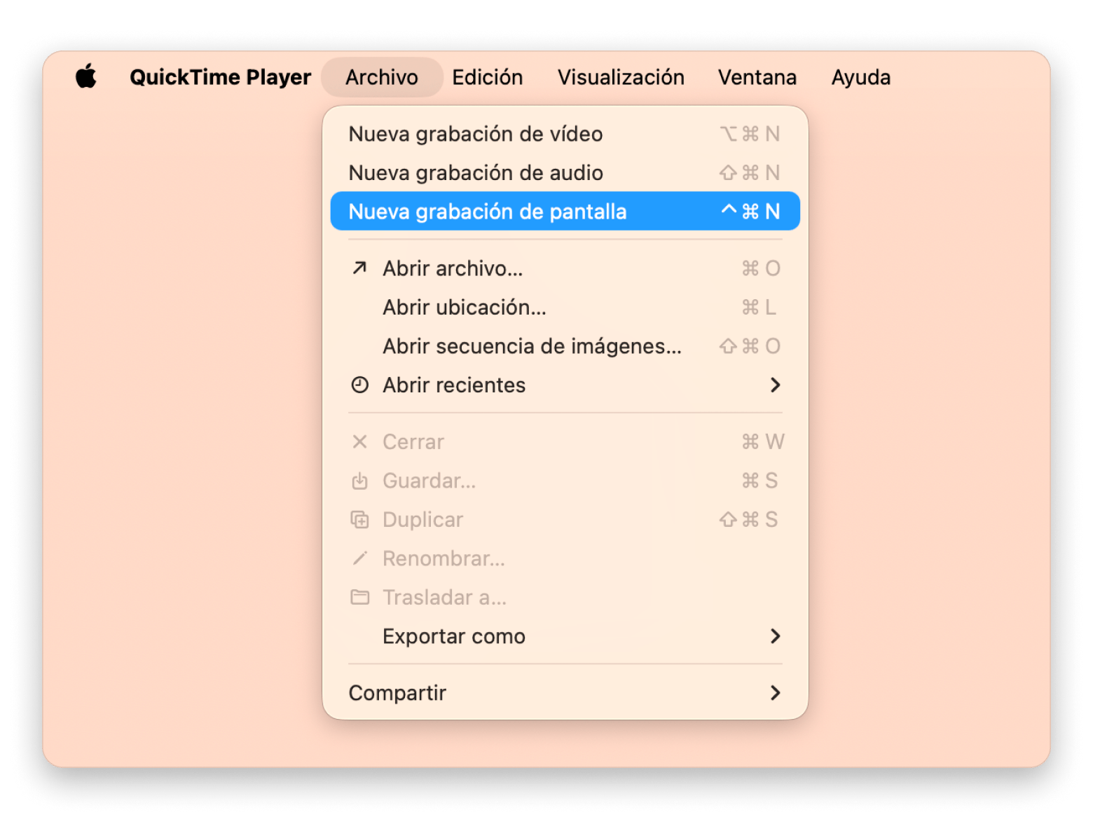 Opción de nueva grabación de pantalla en QuickTime Player en Mac.