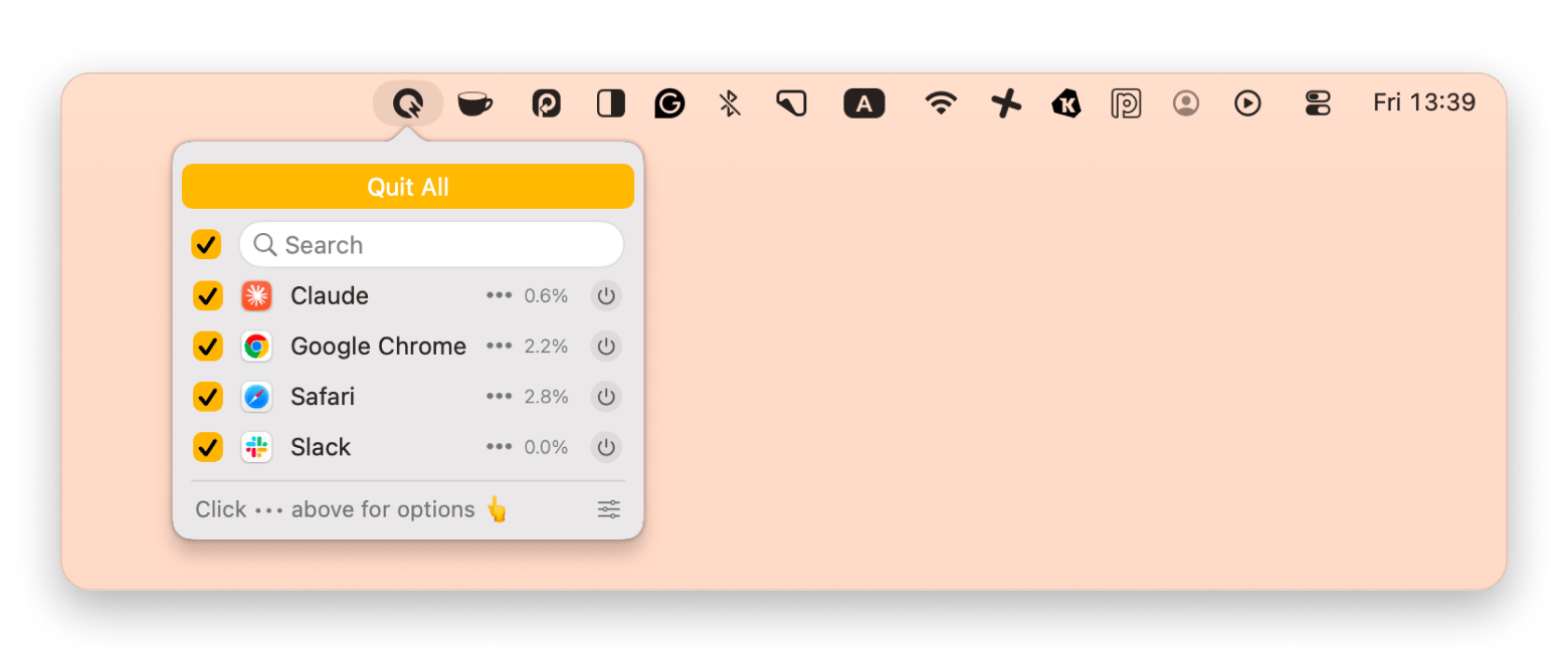 The interface of QuitAll, a Mac utility app available on Setapp