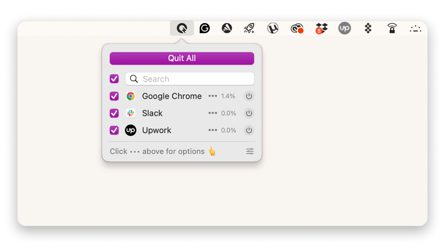 The menu bar of QuitAll, an app management app that is available on Setapp.