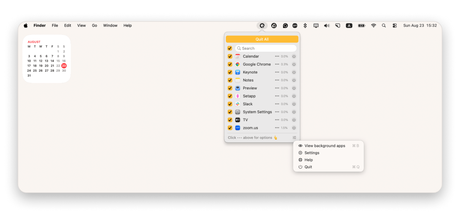 The menu bar of QuitAll, an app manager available on Setapp