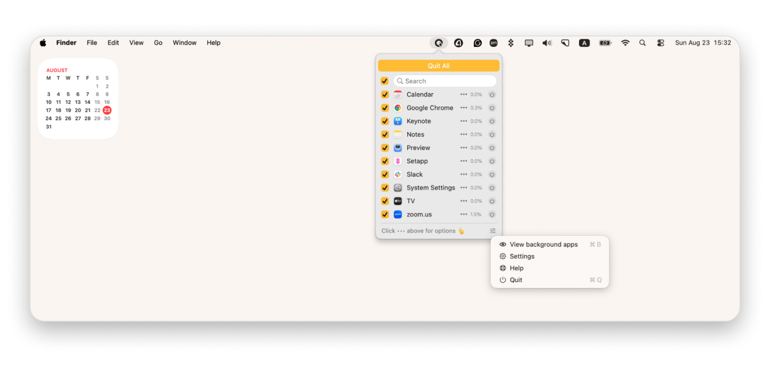 The menu bar of QuitAll, an app manager available on Setapp