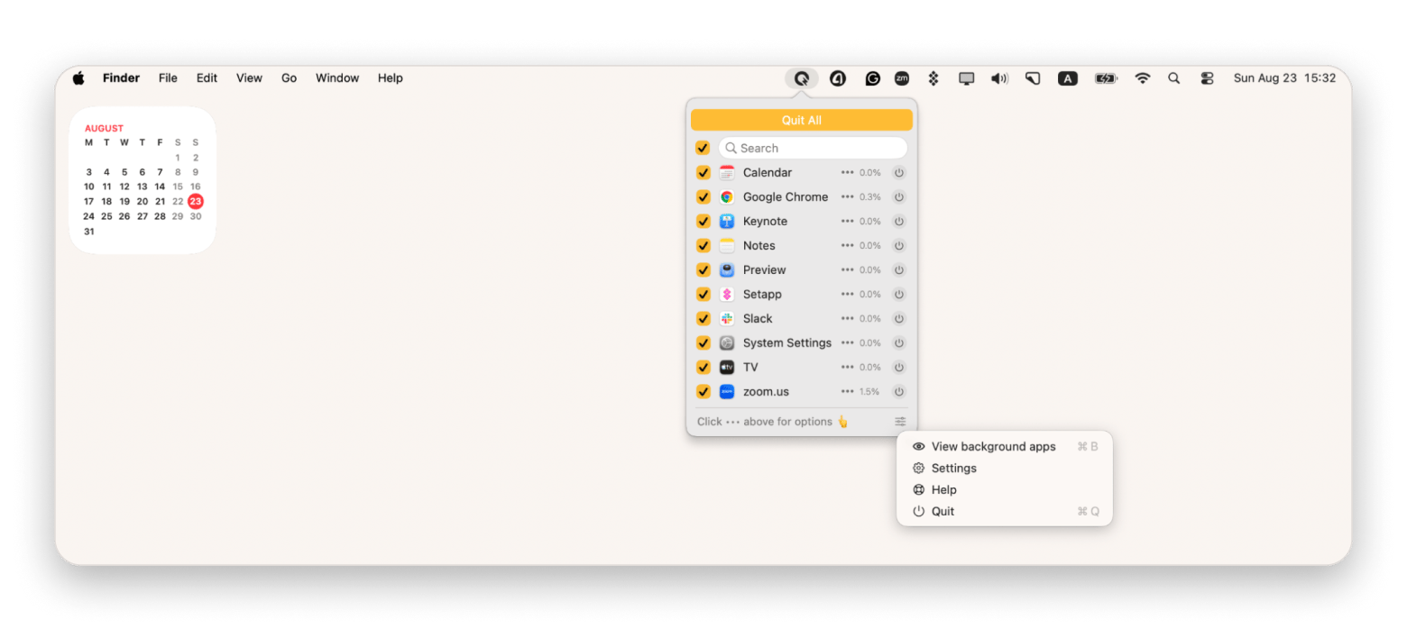 The menu bar app list in QuitAll, an app manager available on Setapp