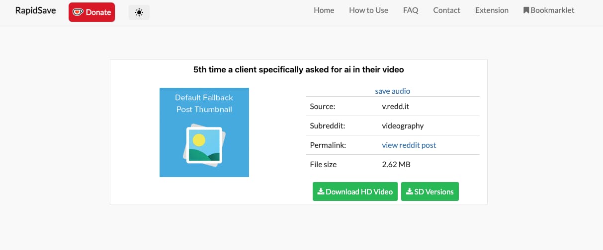 Rapidsave, a Reddit video downloader