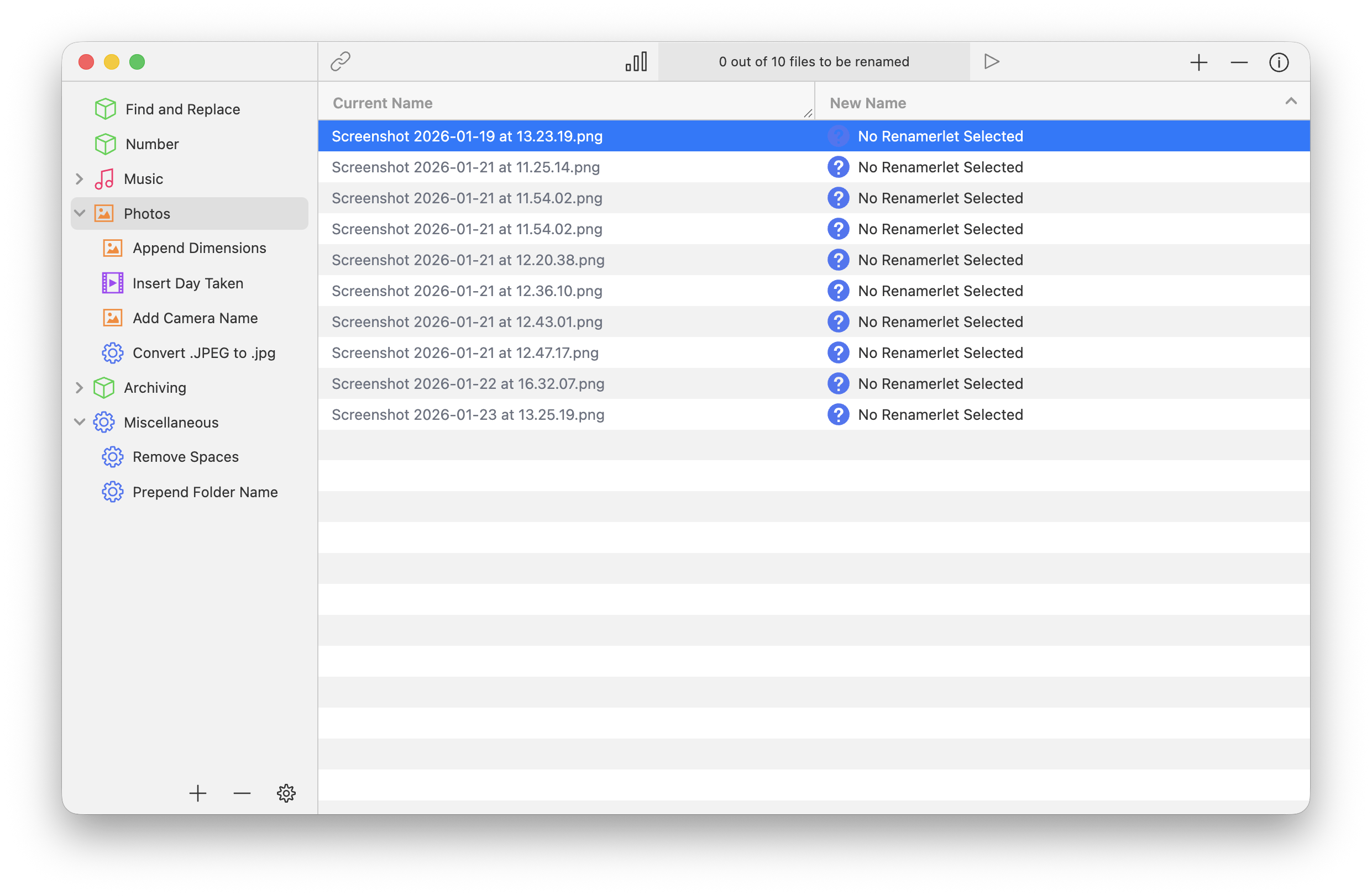Renamer bulk file renaming app showing screenshot organization options with custom naming rules, available on Setapp
