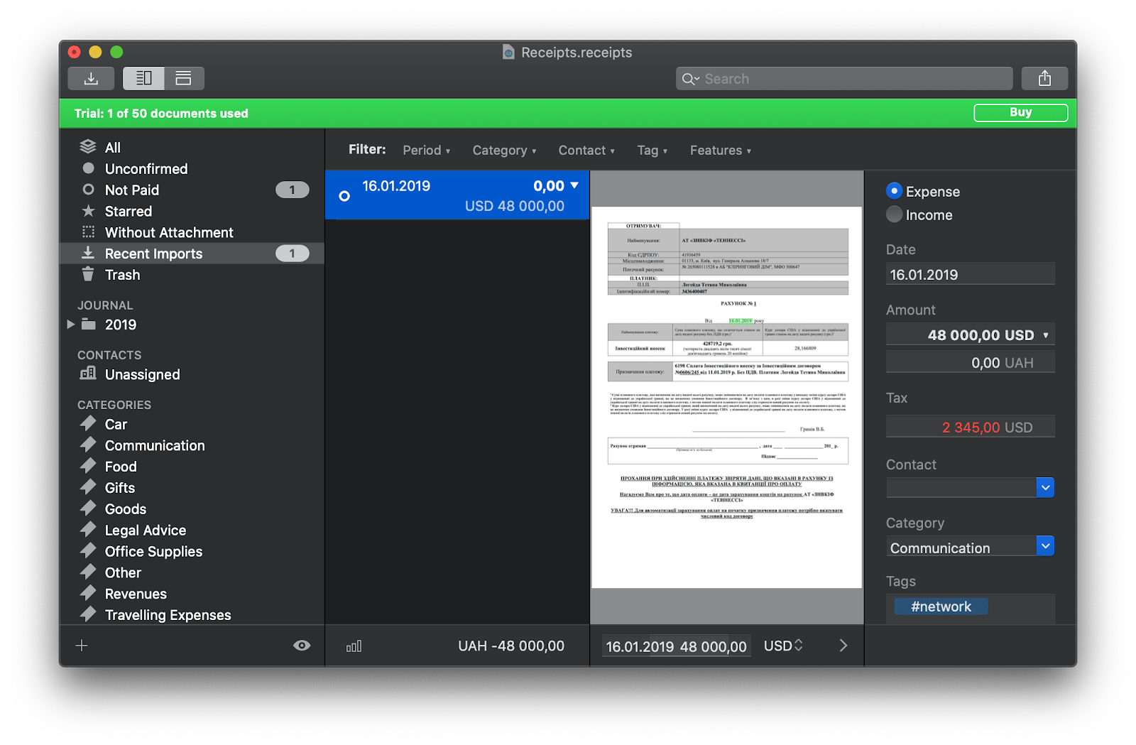 Importing a receipt in the Receipts app from Setapp