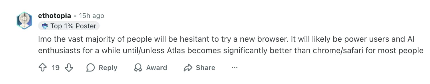 Reddit user commenting on Atlas browser