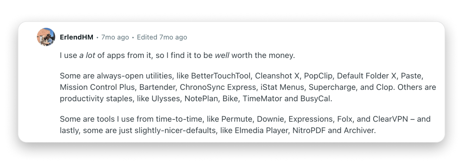 reddit comment on setapp apps