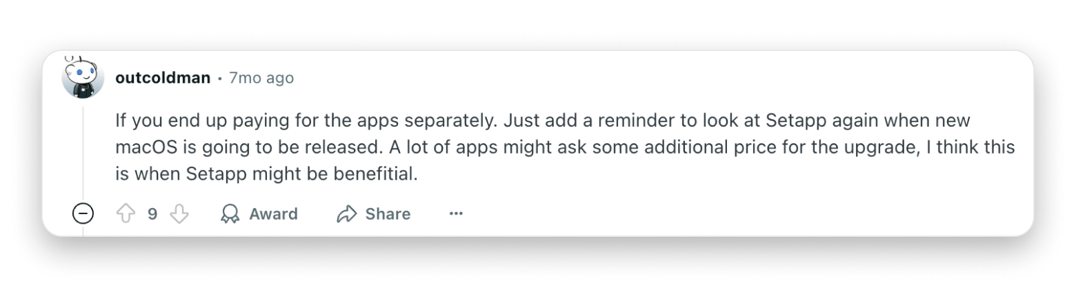 reddit comment on setapp subscription model