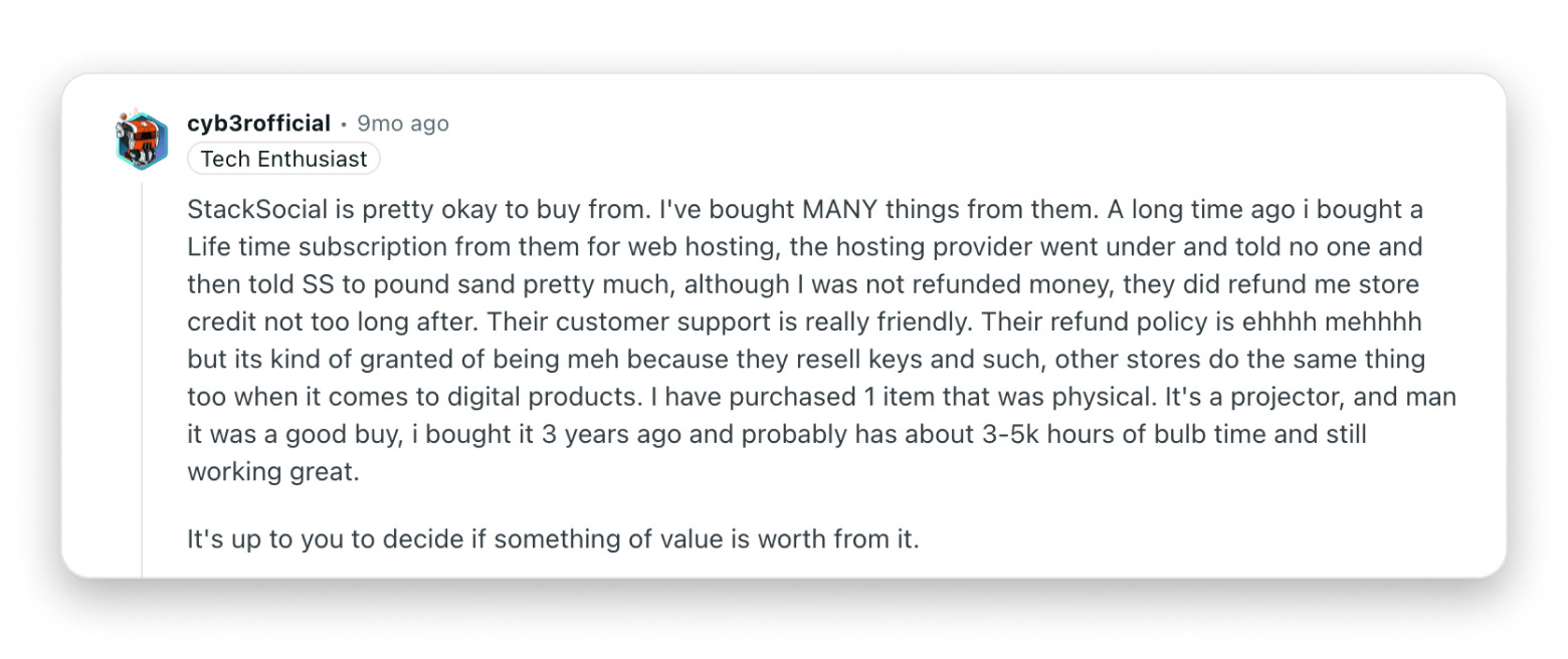 Reddit user about StackSocial