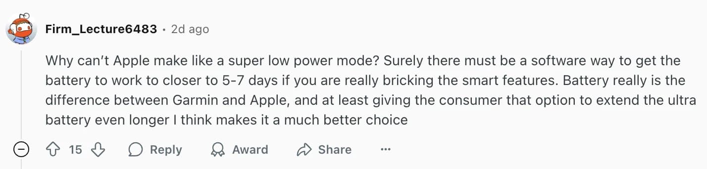 Reddit comment on Apple Watch Ultra 3