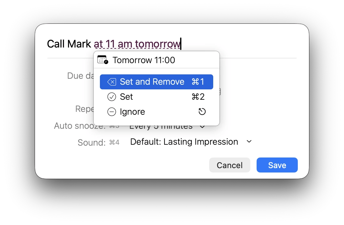 Setting a reminder time in the Due app from Setapp