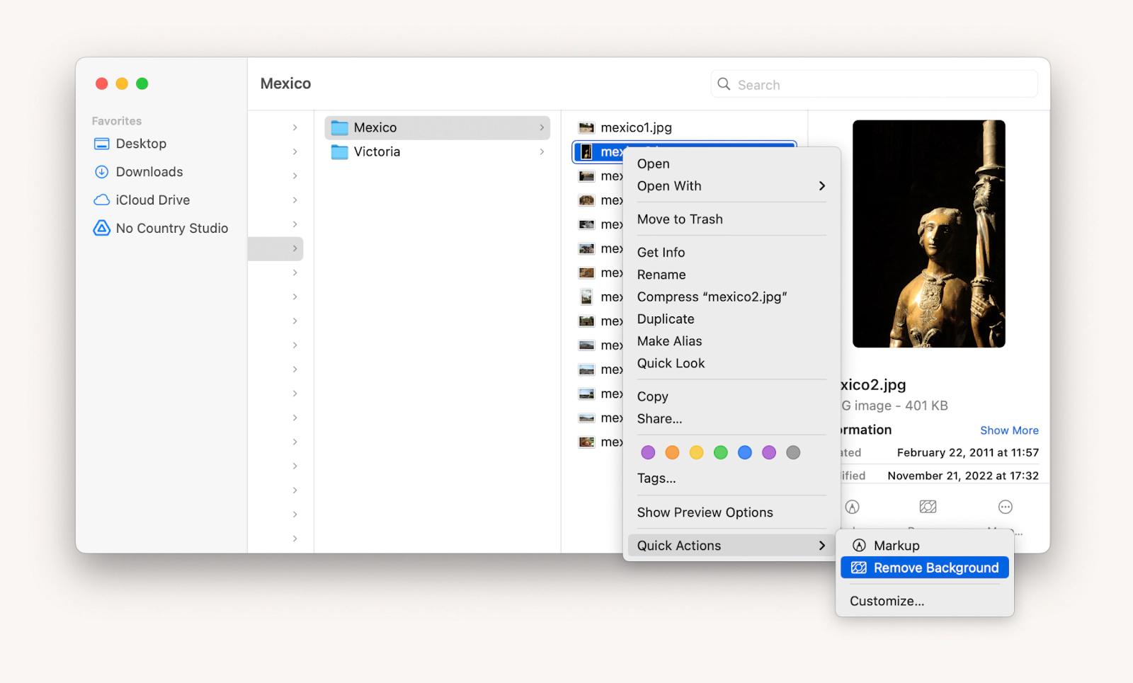 Quick Actions > Remove Background in Finder on a Mac