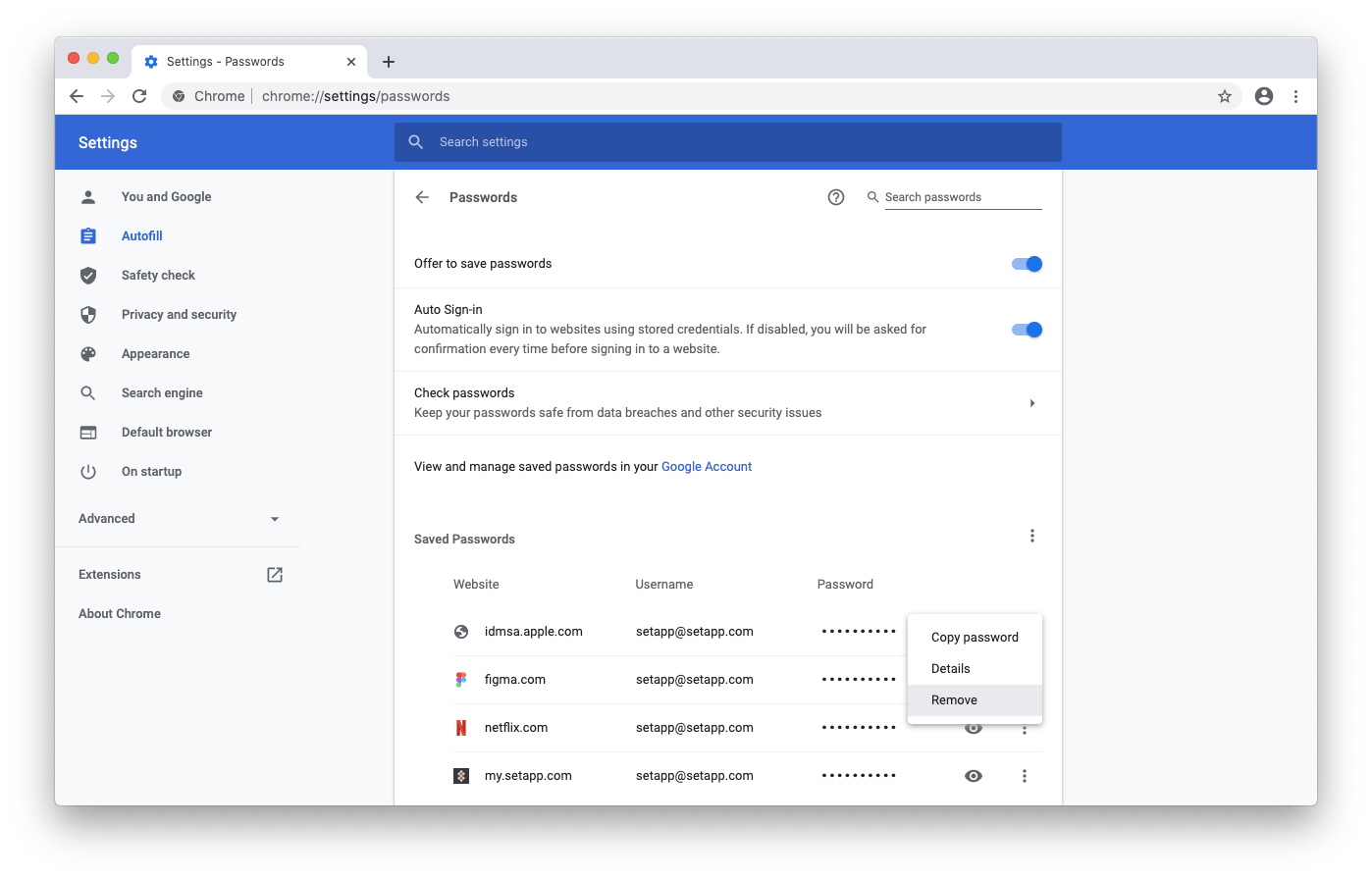 remove saved passwords google chrome mac