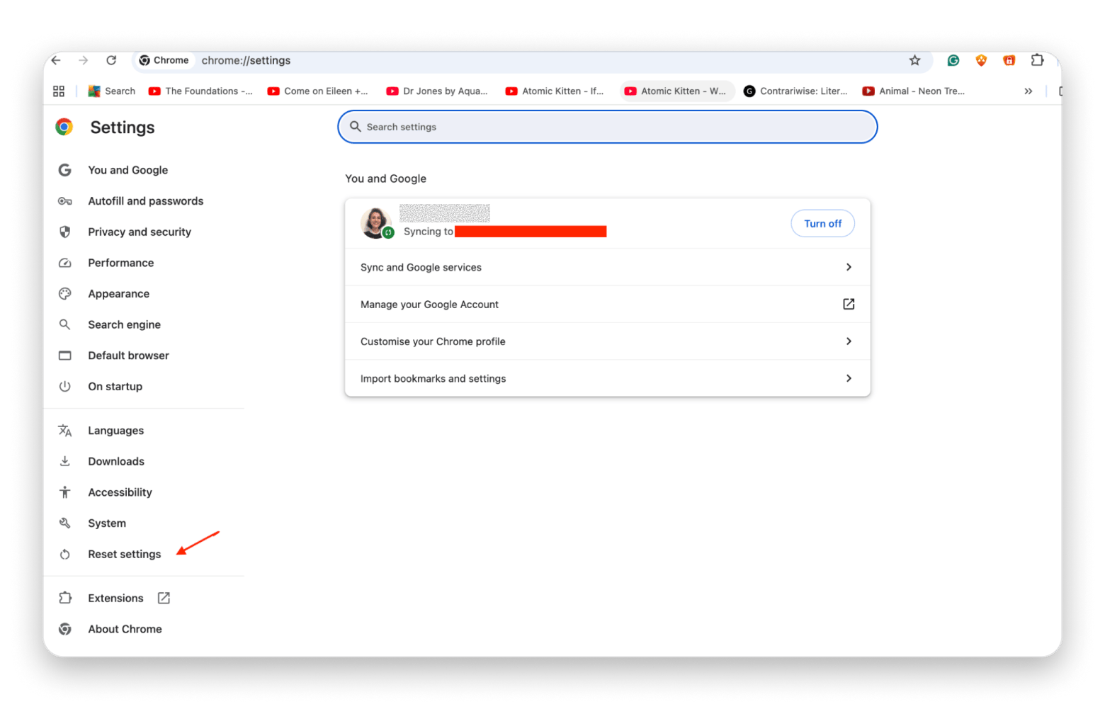 Reset settings on Chrome