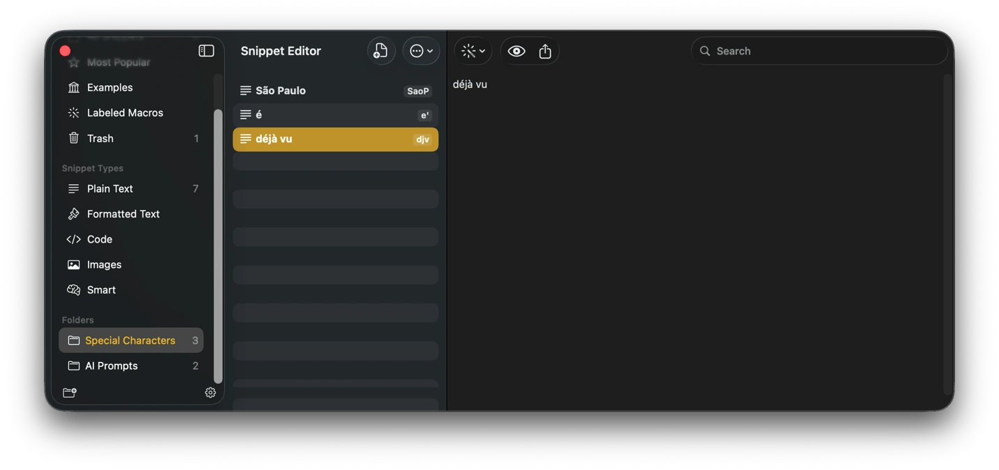 Adding a special character in the snippet editor of Rocket Typist, a text expansion app from Setapp