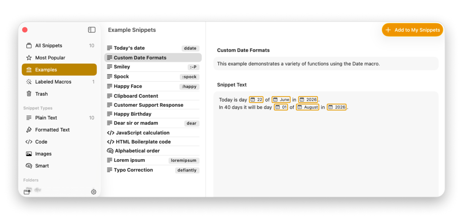 The snippet library in Rocket Typist, a text expander app available on Setapp
