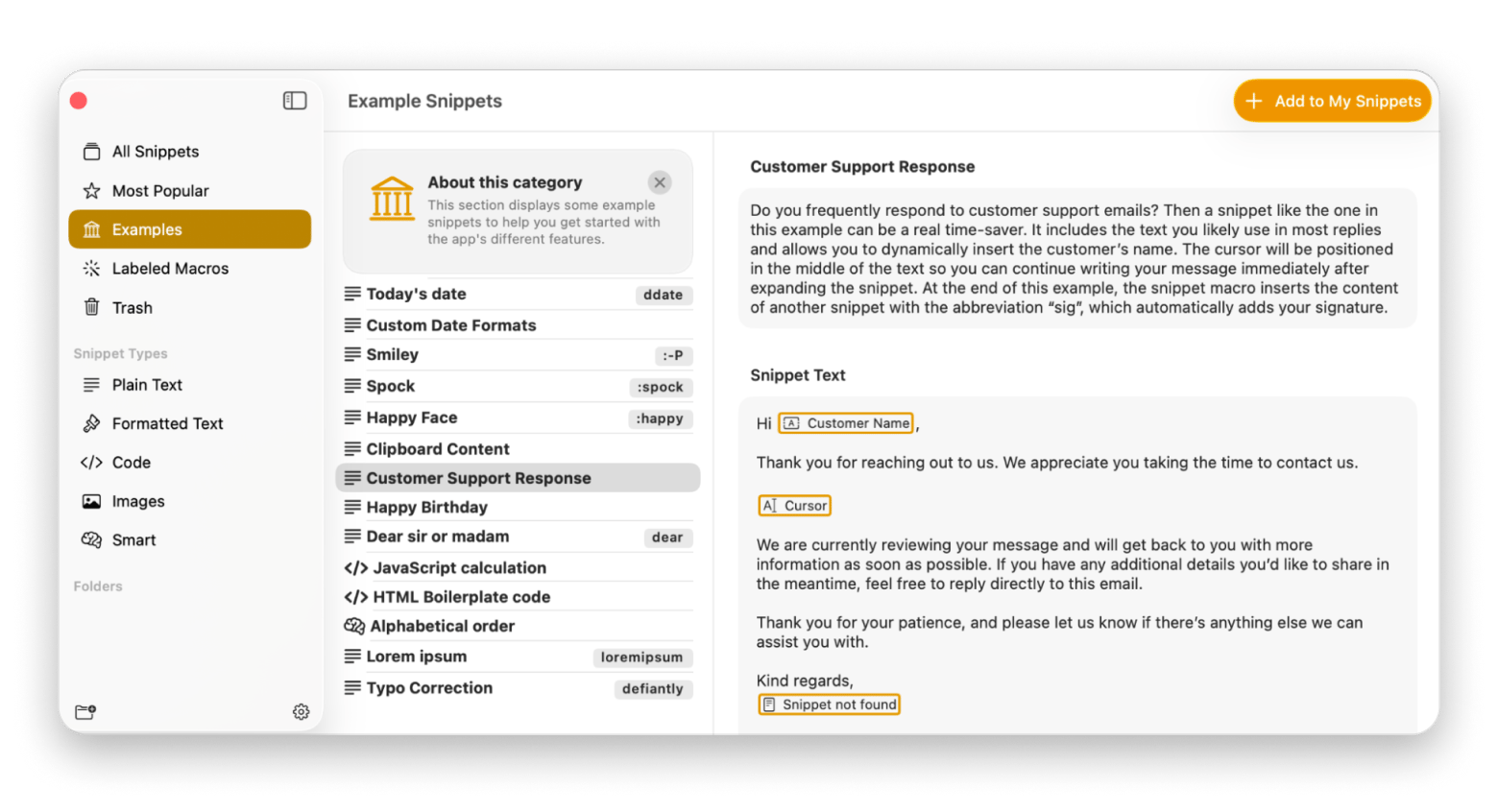 The snippet list in Rocket Typist, a text expansion app available on Setapp