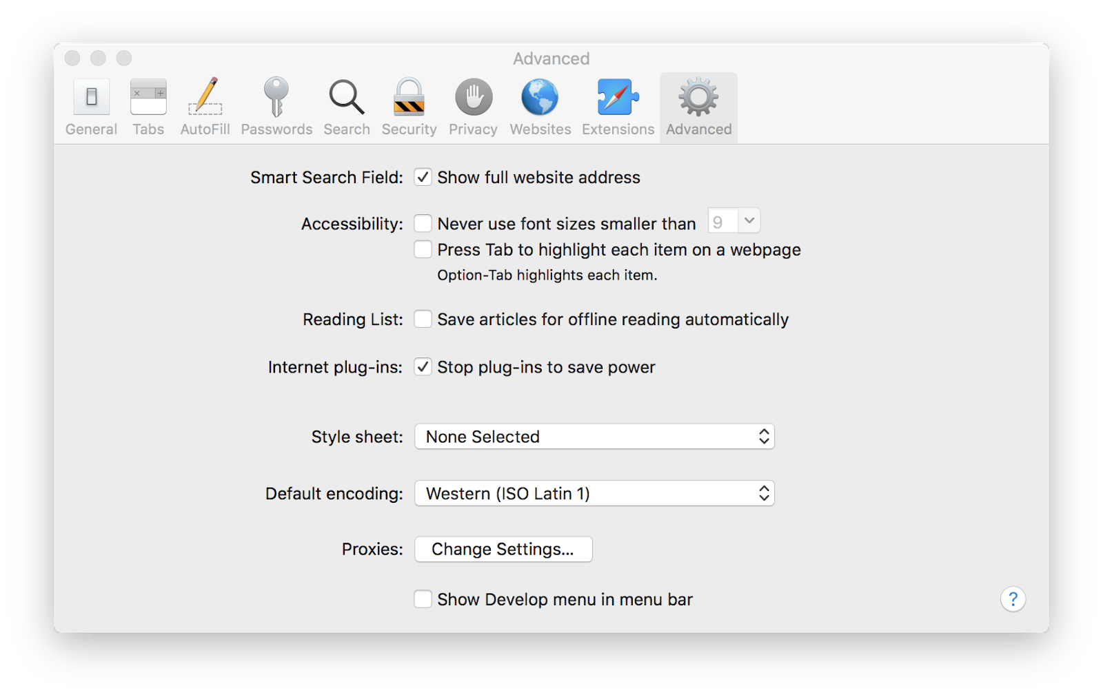 safari advanced settings