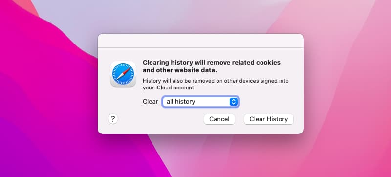 Clearing history will remove related cookies and other website data.