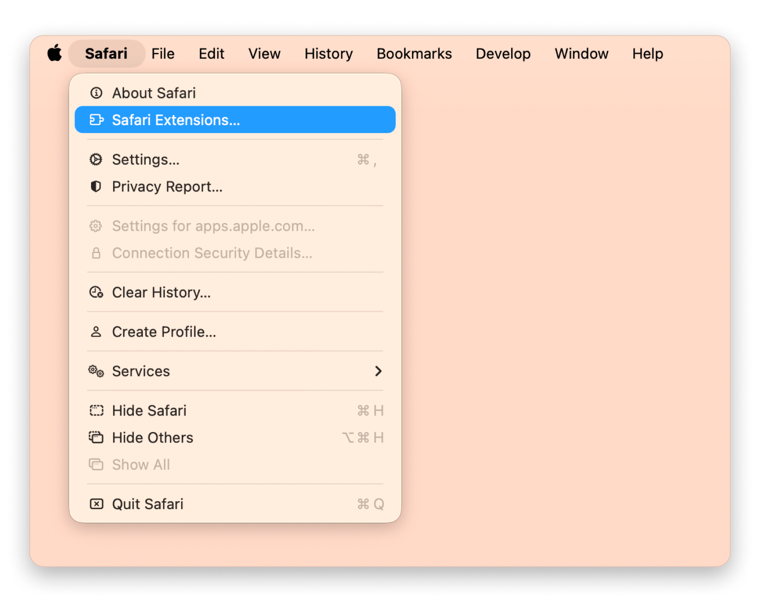 Safari extensions drop down menu