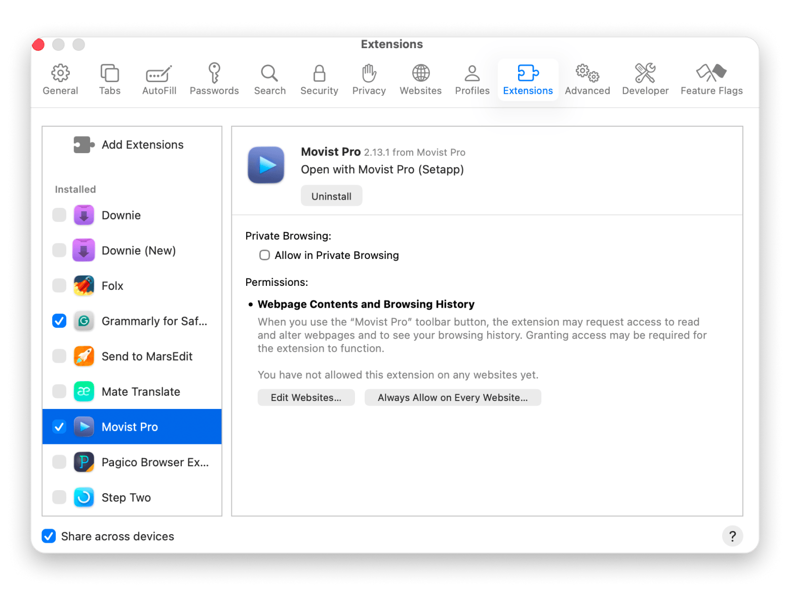 Safari extensions window Safari extensions window