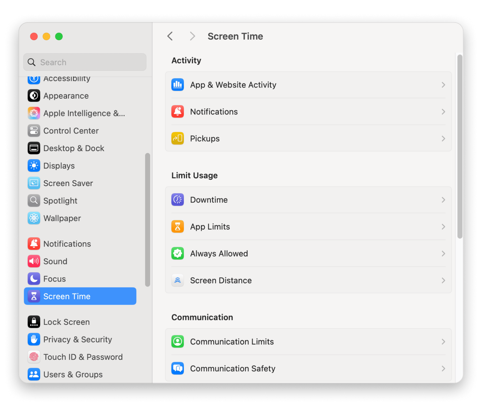 Screen time in System Settings on a Mac