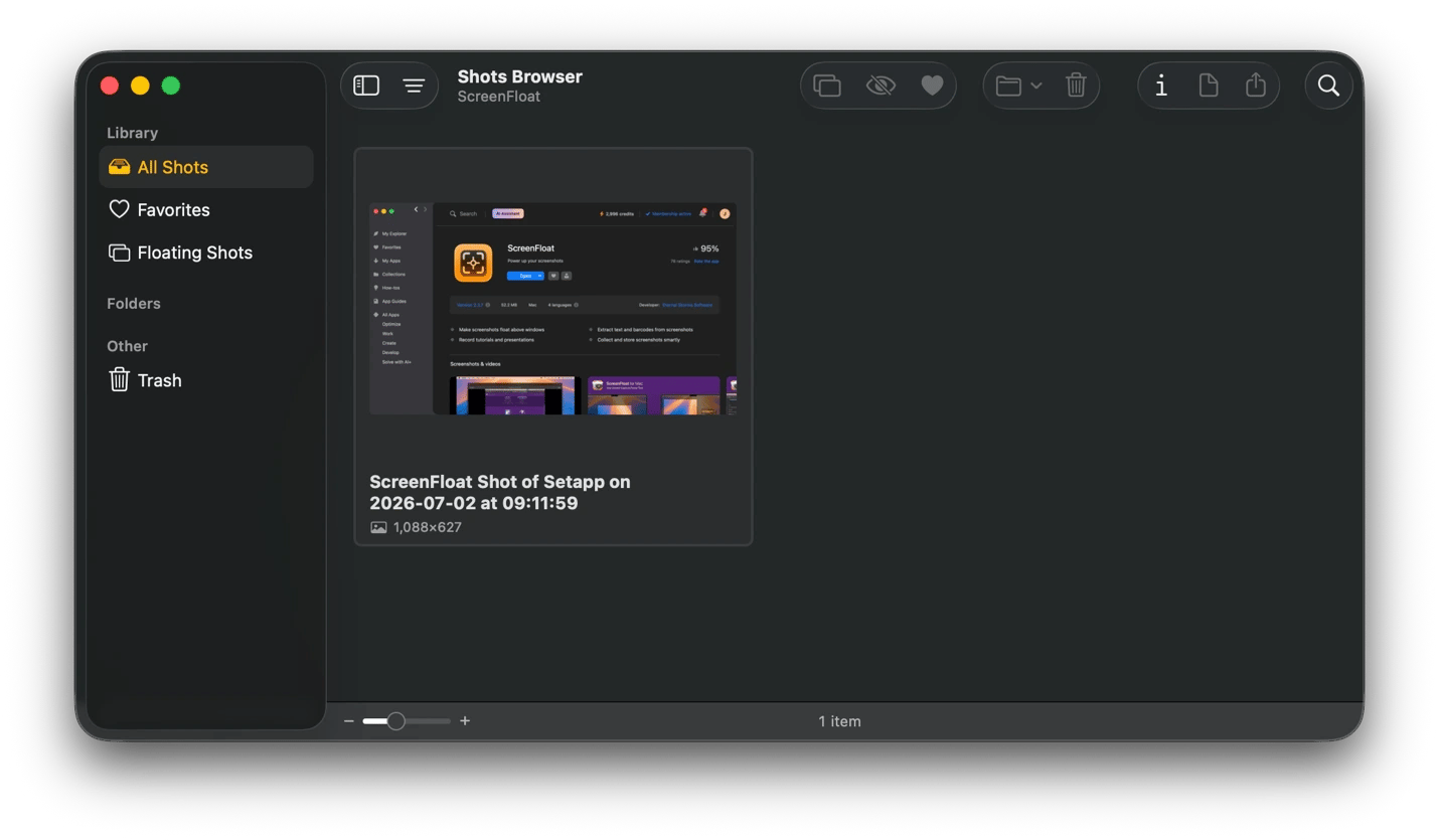 Managing and organizing captured screenshots using ScreenFloat, a screenshot management app from Setapp