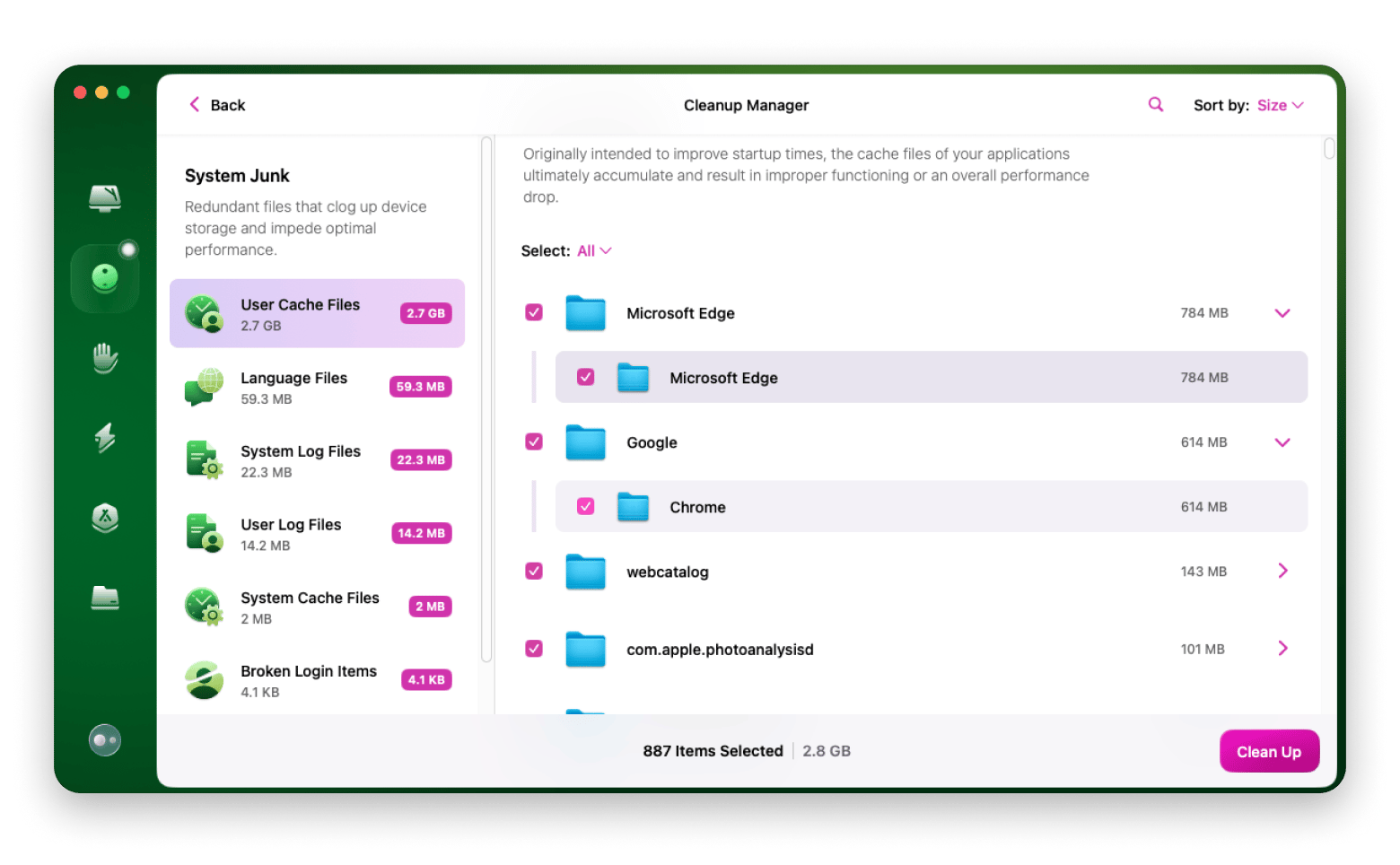 The cleanup manager interface on CleanMyMac, a Mac optimization tool available on Setapp.