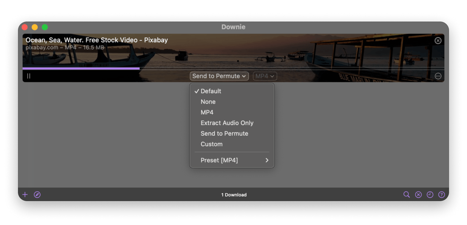 Send to Permute option on Downie, a universal download tool available on Setapp.