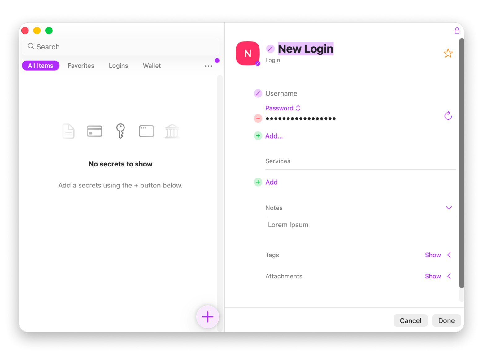 Creating a new login on Secrets 4, a password manager available on Setapp.