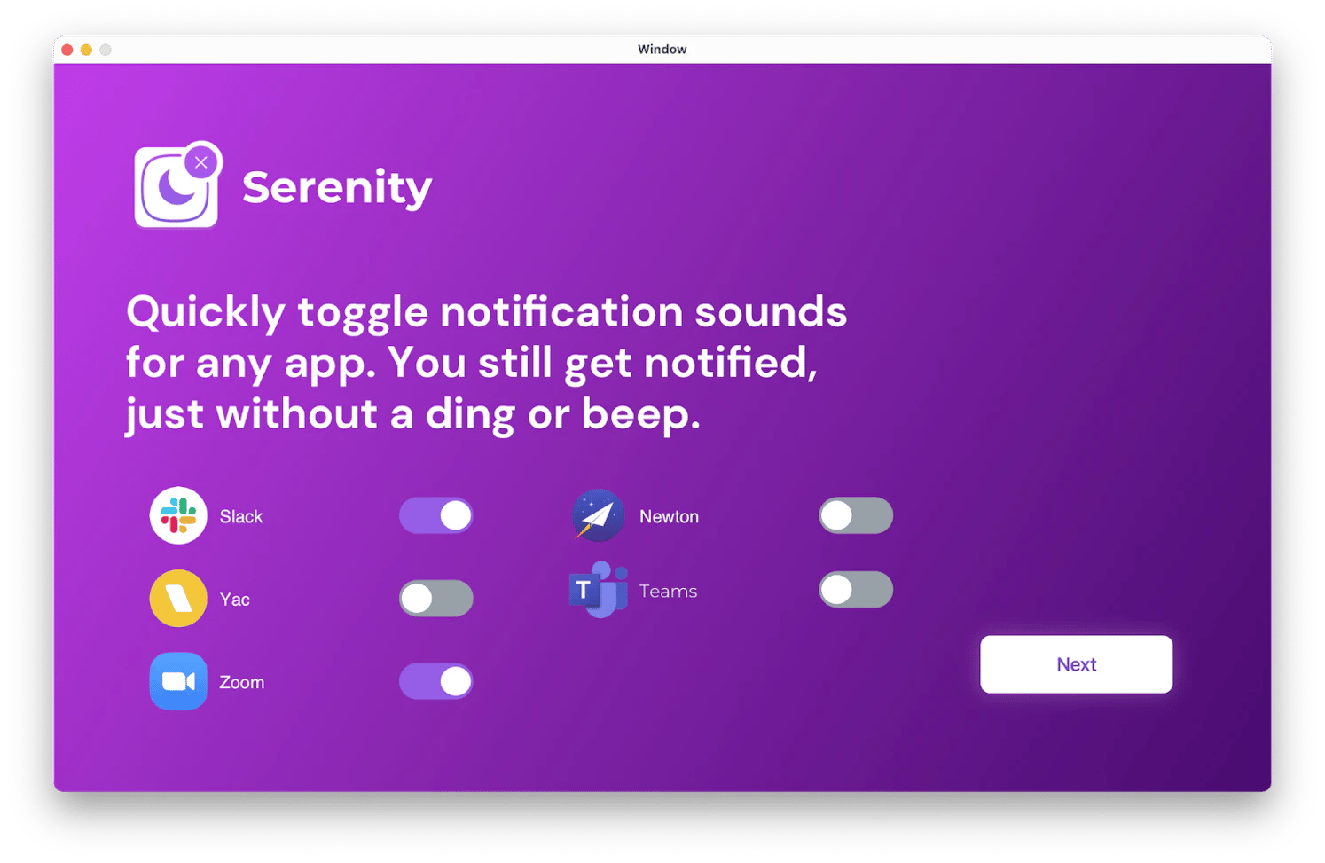 serenity mute app notification sounds