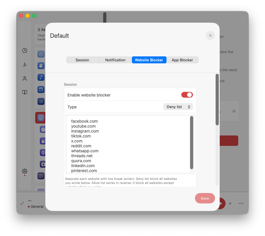 Blocked websites and media with Focused Work, an app from Setapp for cutting distractions during work