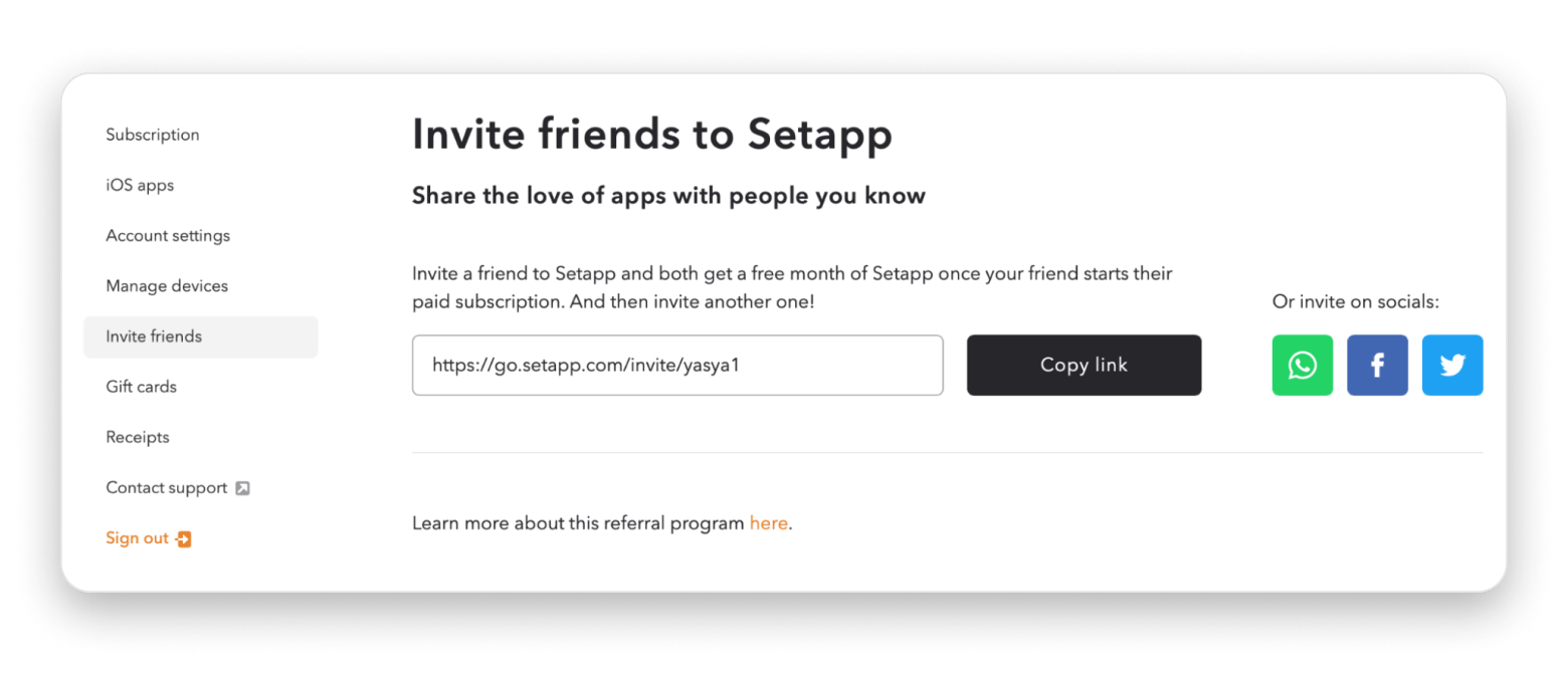 invite friend refferal program on Setapp