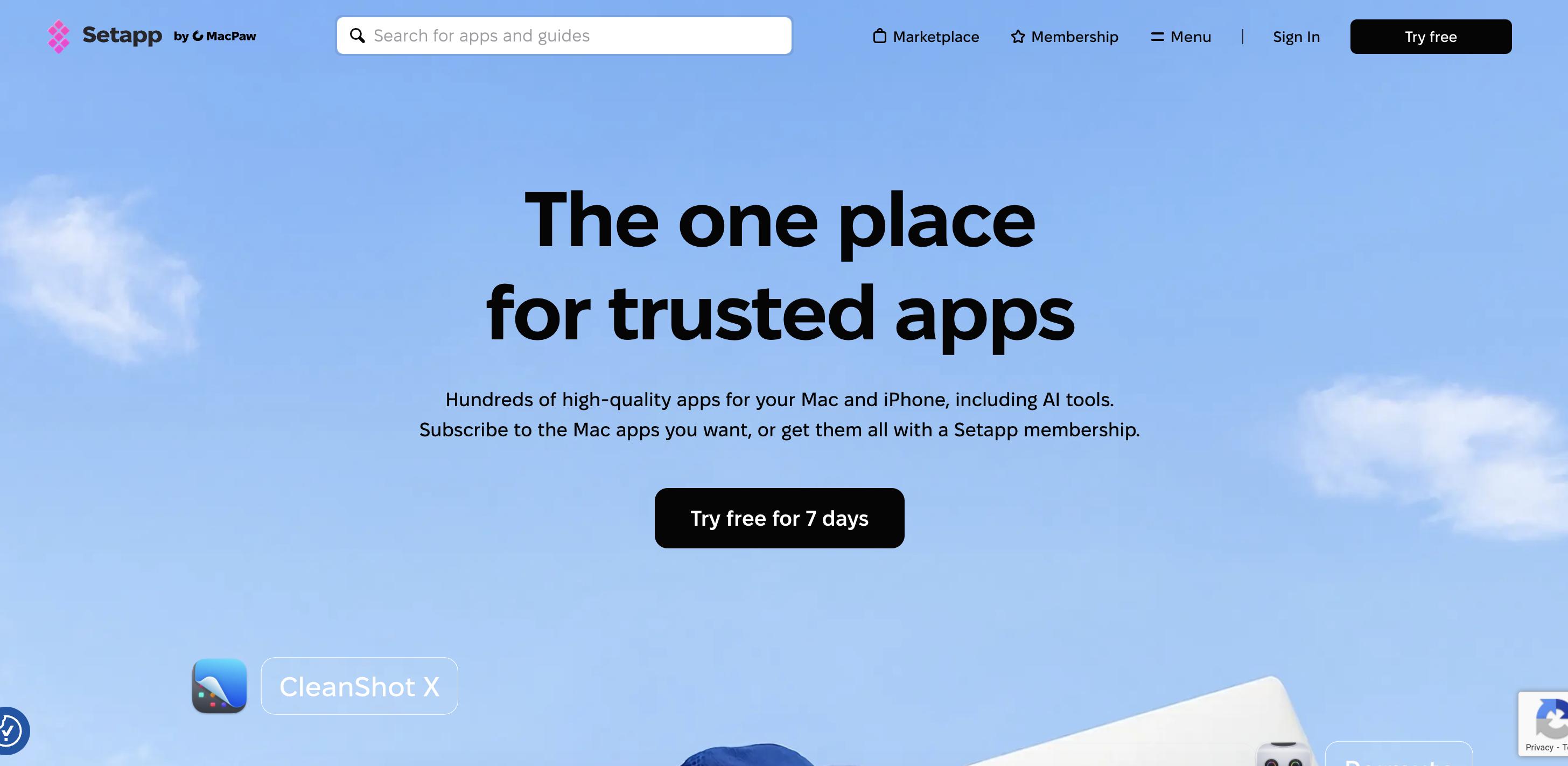 The offer to try Setapp for free on the main page