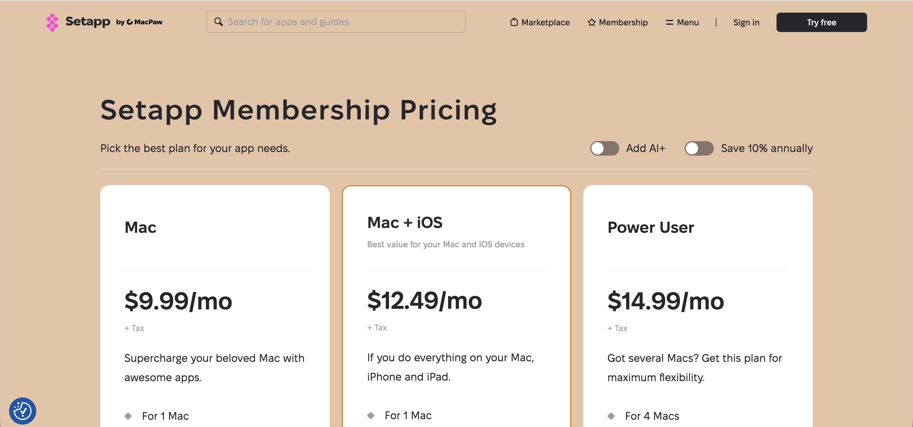 Setapp Membership page, a pricing model by Setapp where you can subscribe to 250+ apps under a single subscription plan on Setapp.
