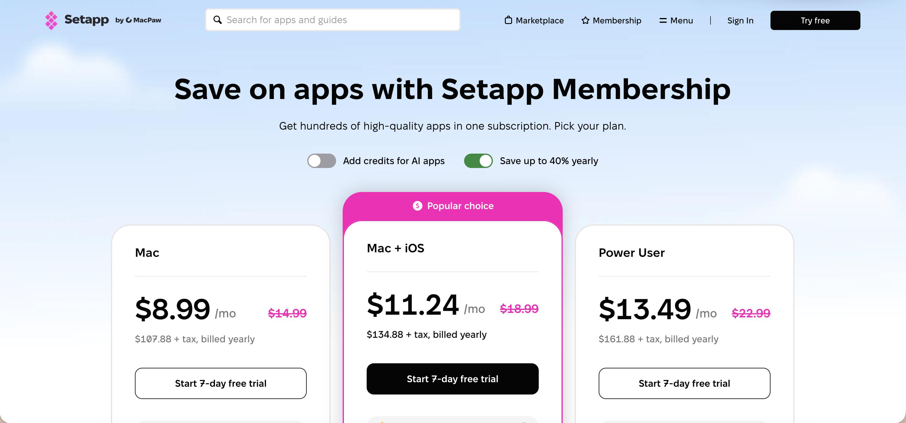 Setapp pricing page Setapp pricing page