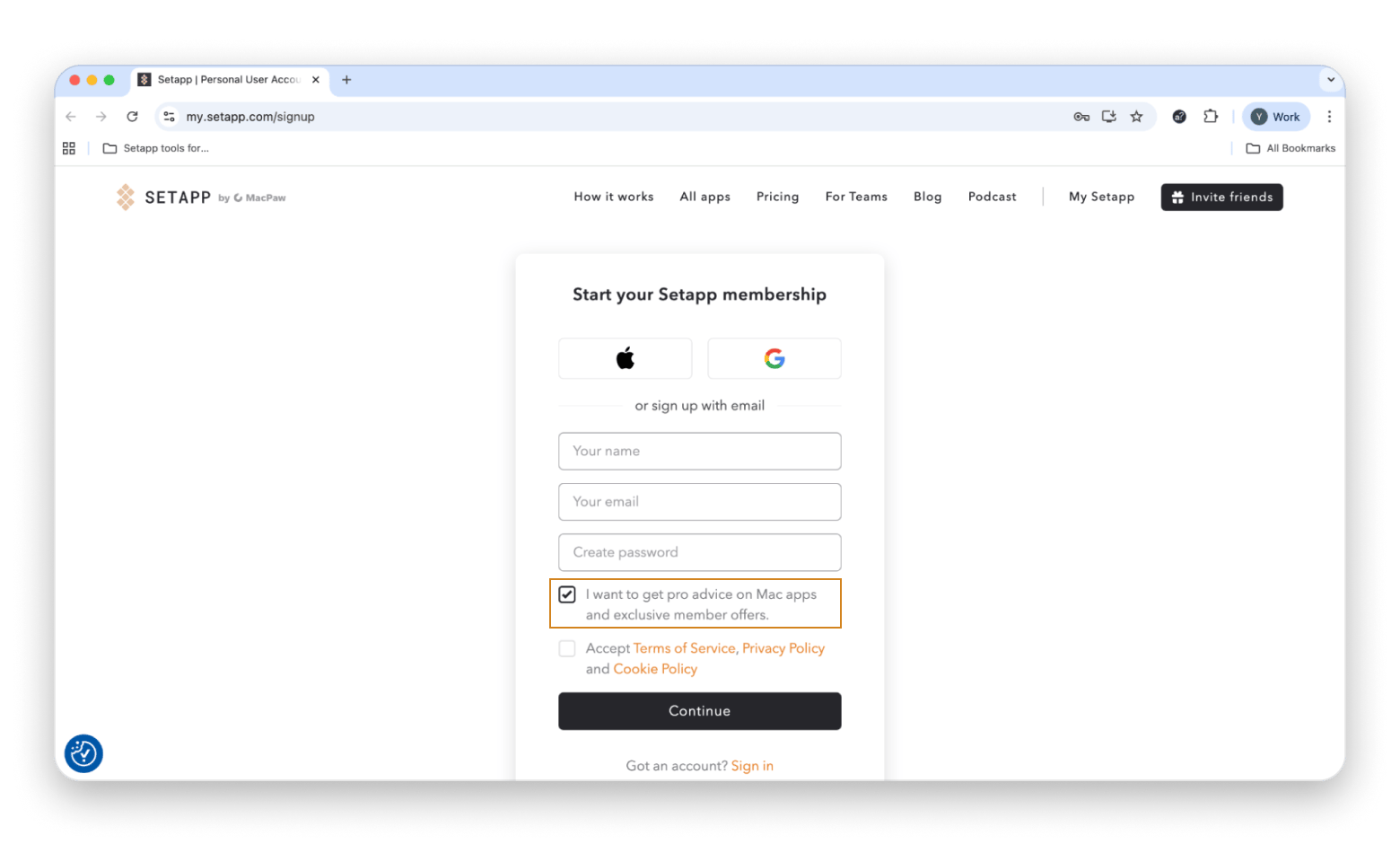Sign up form on Setapp, a subscription platform with 250+ apps for macOS, iOS and web