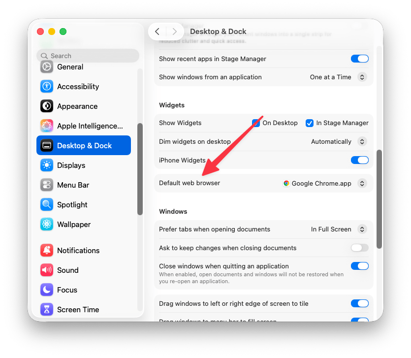 Setting default web browser in System Settings on a MacBook. Setting default web browser in System Settings on a MacBook.
