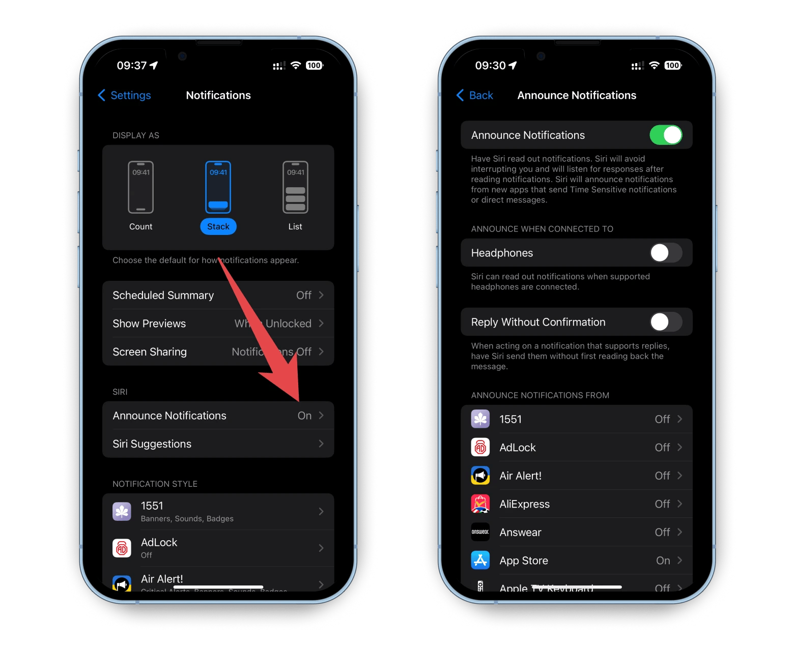 settings announce notifications