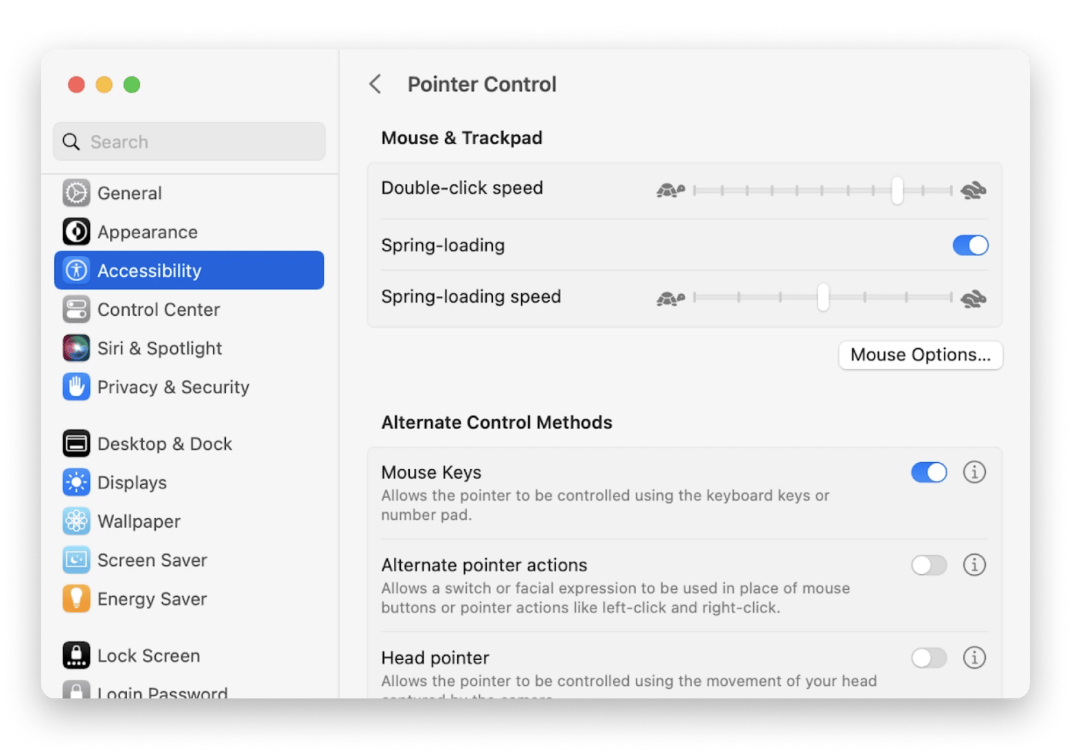 Pointer Control options