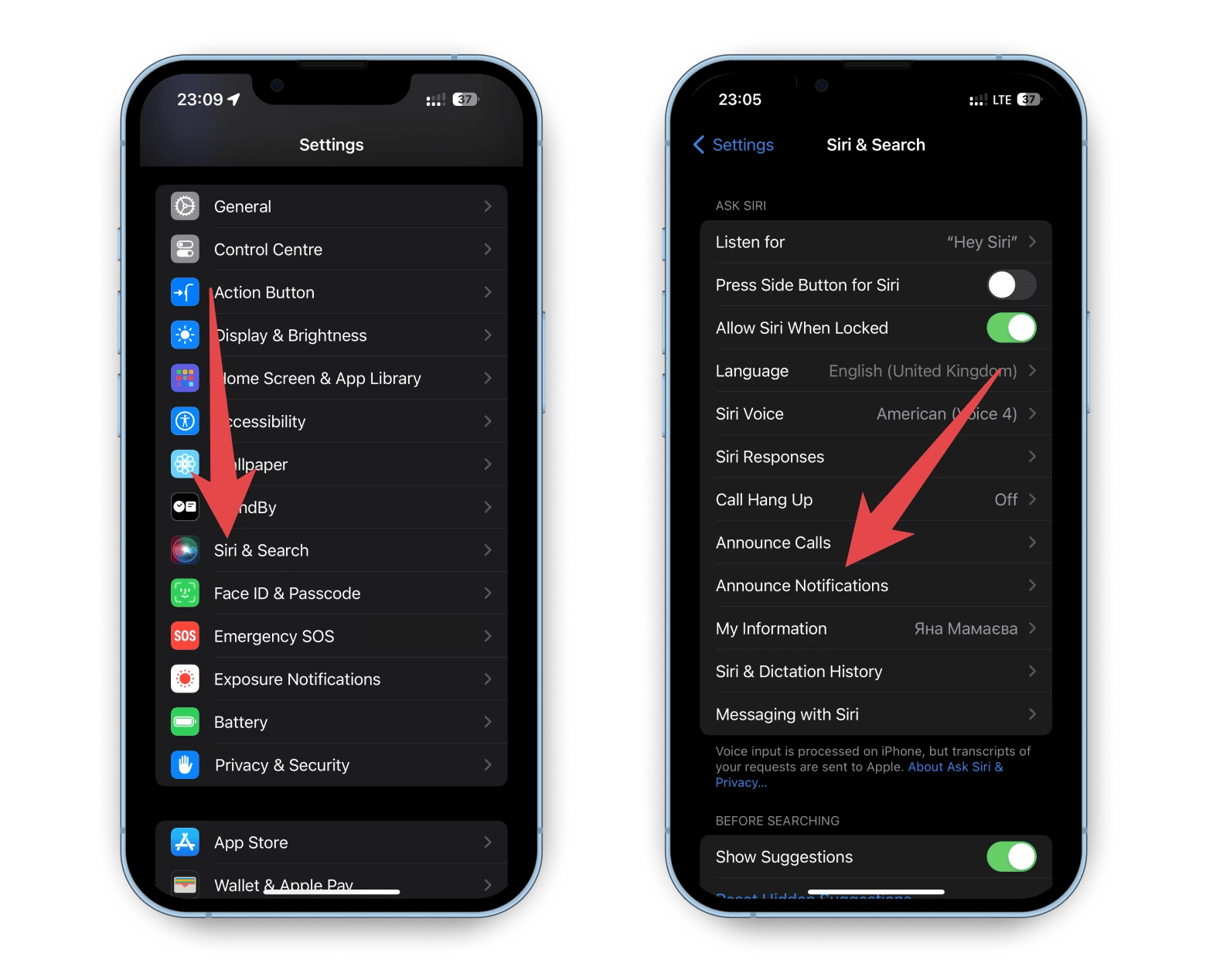 settings siri announce notifications