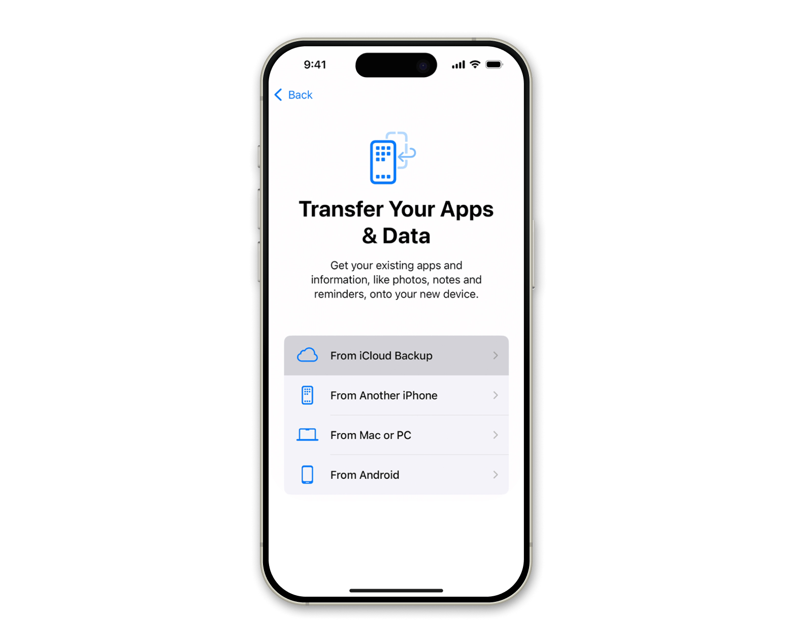 Transfer your apps and data from iCloud backup