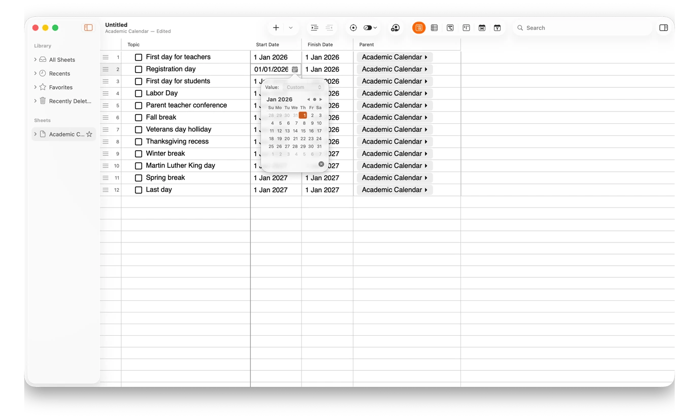 Creating a term calendar on SheetPlanner, a planning app available on Setapp