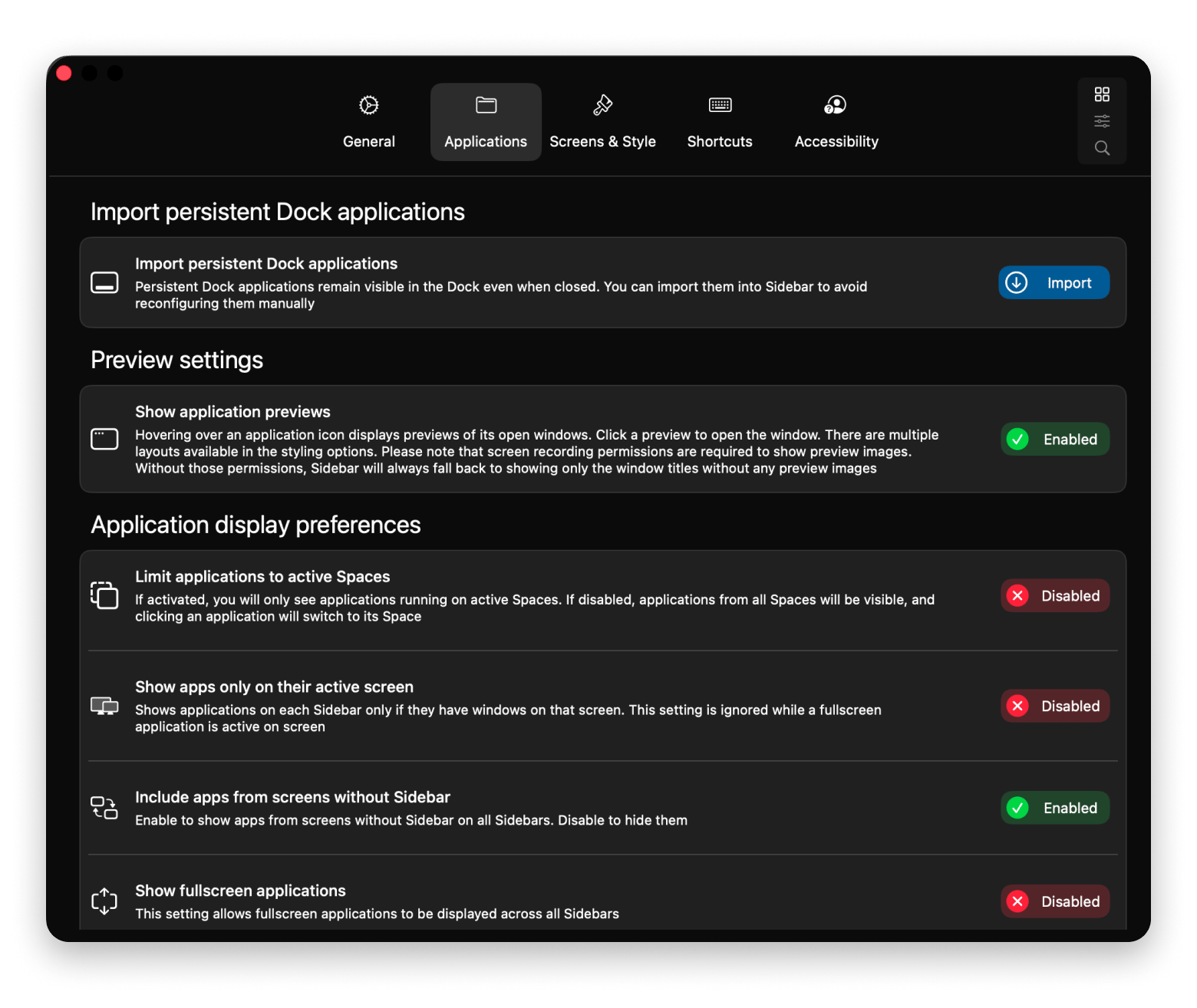 The Applications settings panel in Sidebar, a Mac Dock alternative tool that is available on Setapp