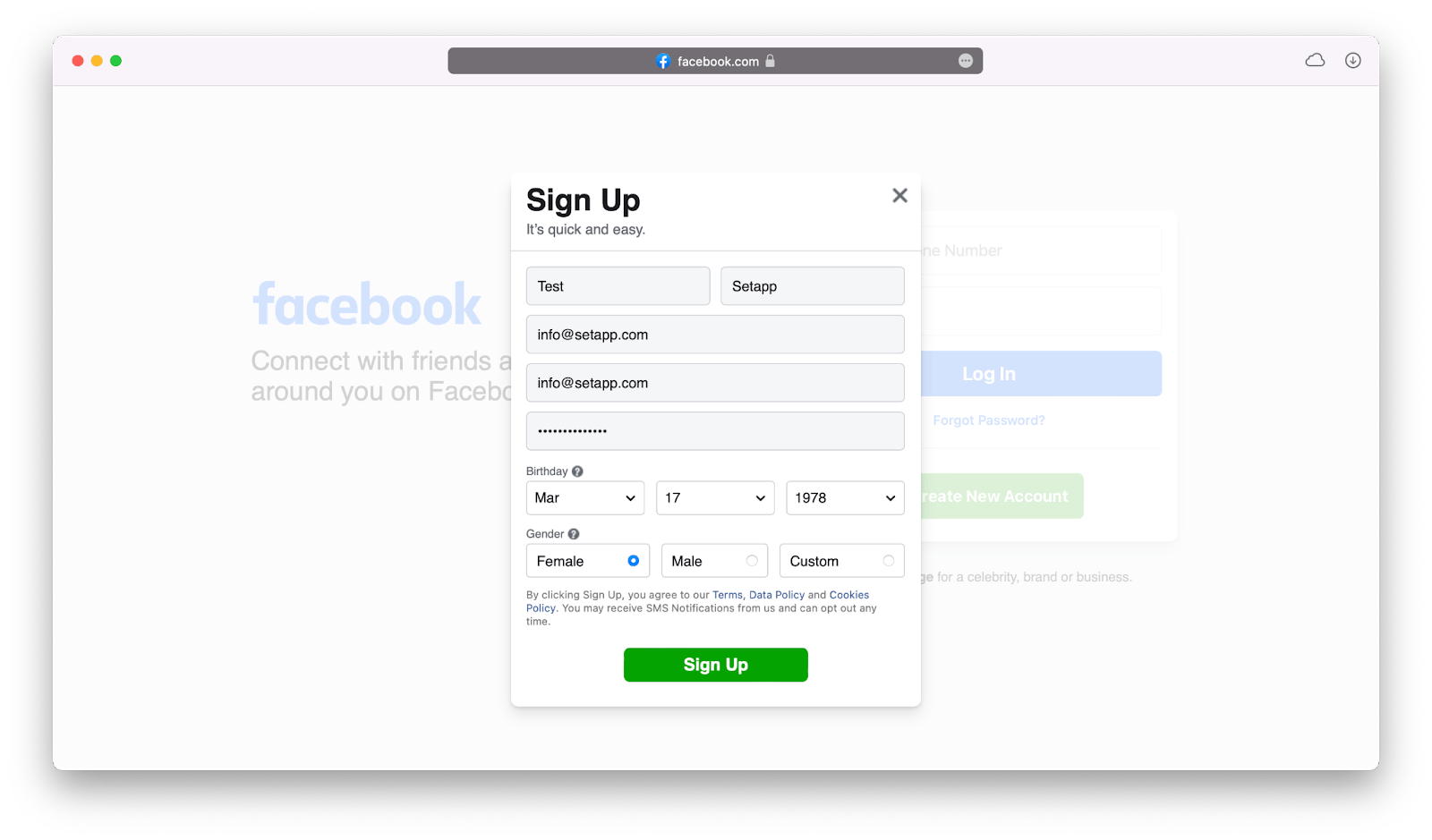 sign up facebook new mac