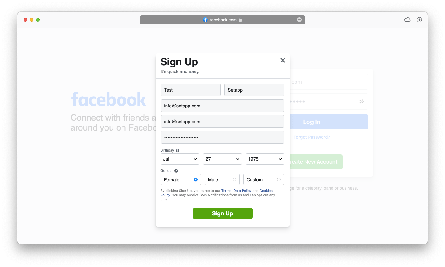 sign up facebook profile mac