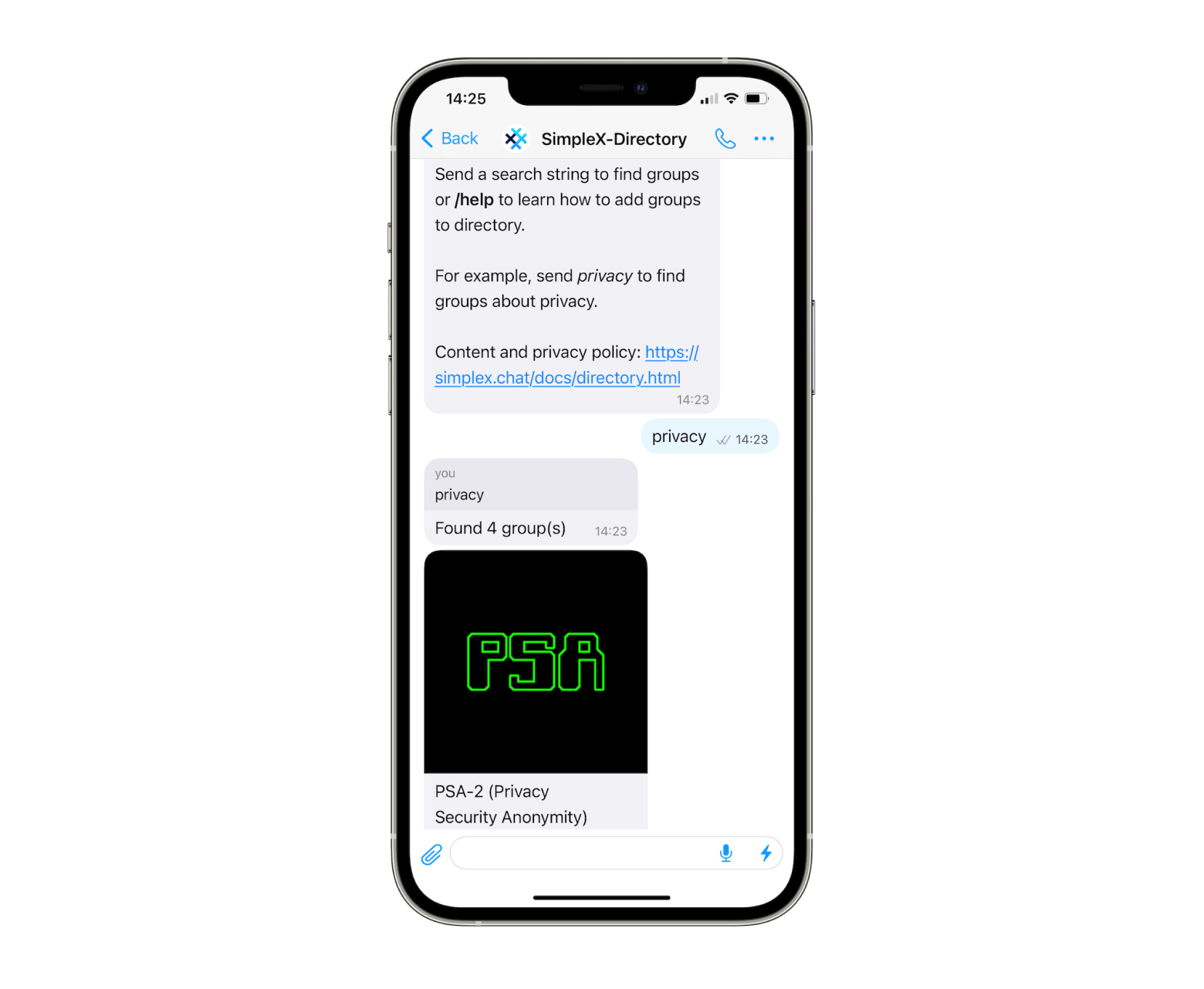 iPhone interface of Simplex chat 