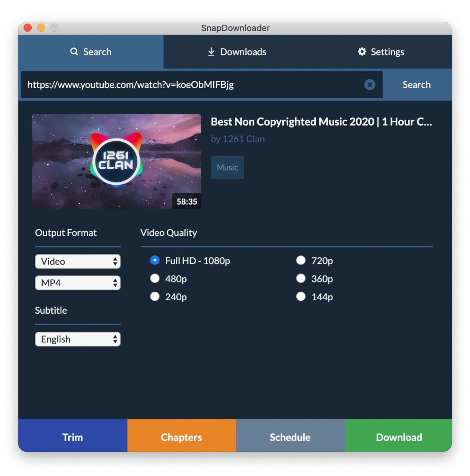 SnapDownloader's built-in video trimmer, a cross-platform downloading app