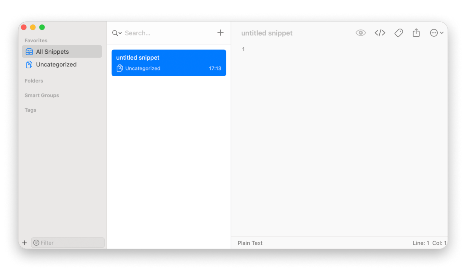 The All Snippets tab of SnippetsLab, a snippet library app that is available on Setapp